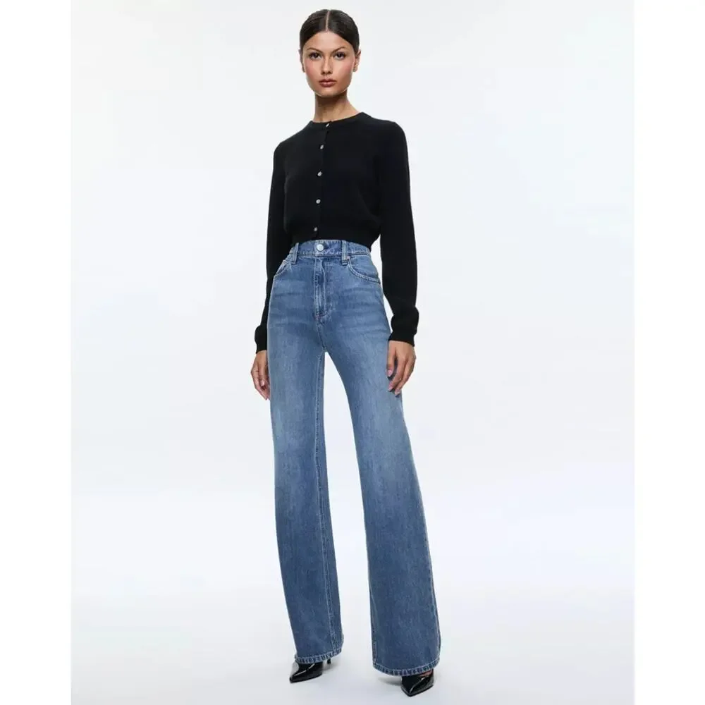 Alice and Olivia Women Avery Blue Denim Weezy High Rise Wide Leg Jeans Size 25